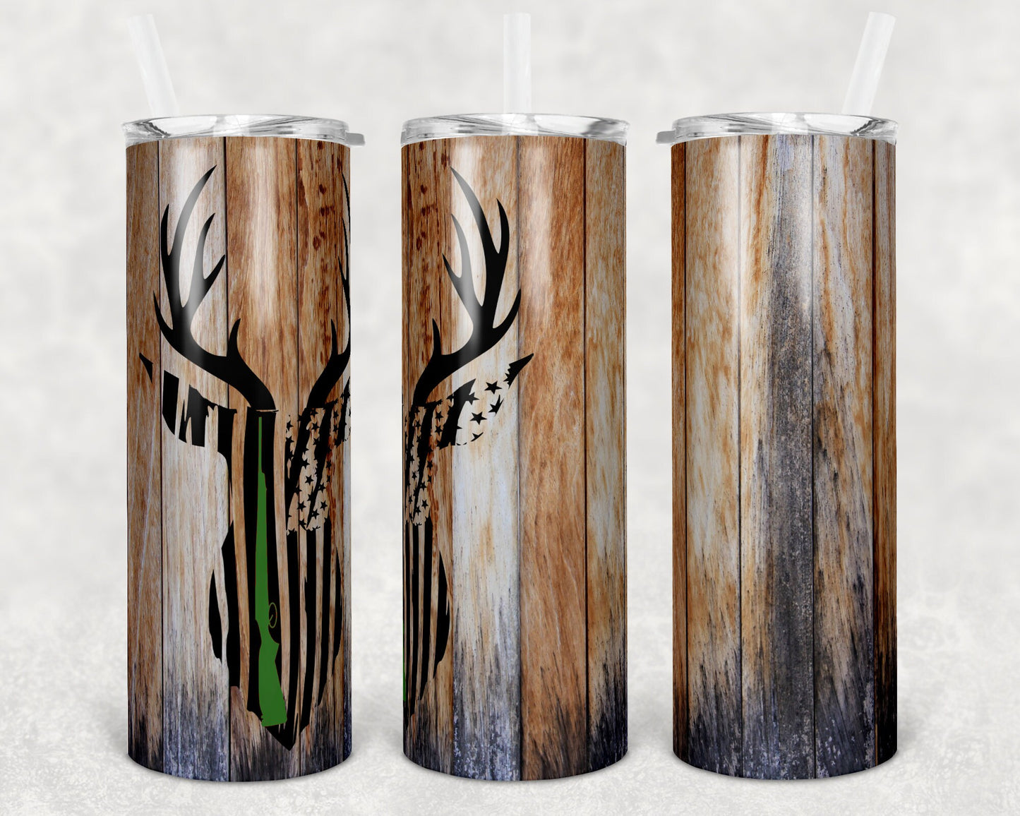20 oz Skinny Tumbler Sublimation Deer Hunting Gun Wood Design Template Straight Warped