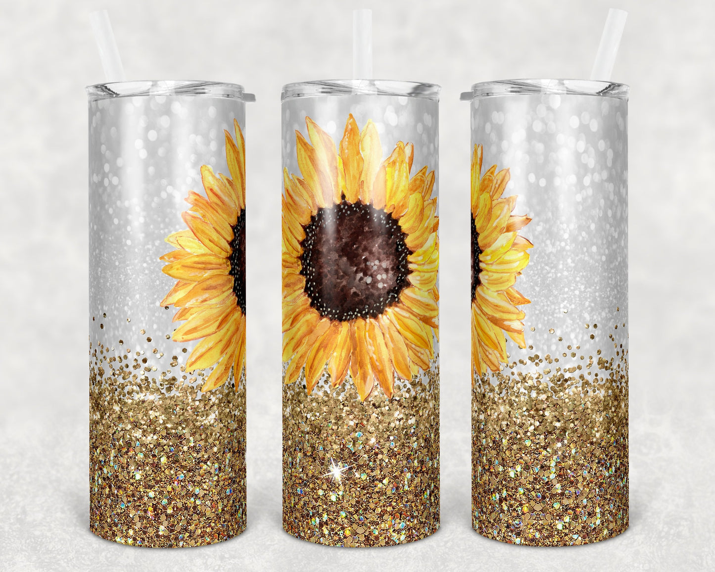 20 oz Skinny Tumbler Sunflower Gold Glitter Confetti Sublimation Design Print Transfer