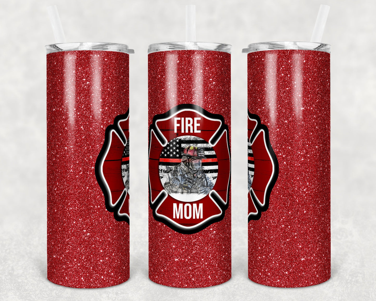 20 oz Skinny Tumbler Sublimation Design Template Red Glitter Fire Mom Design