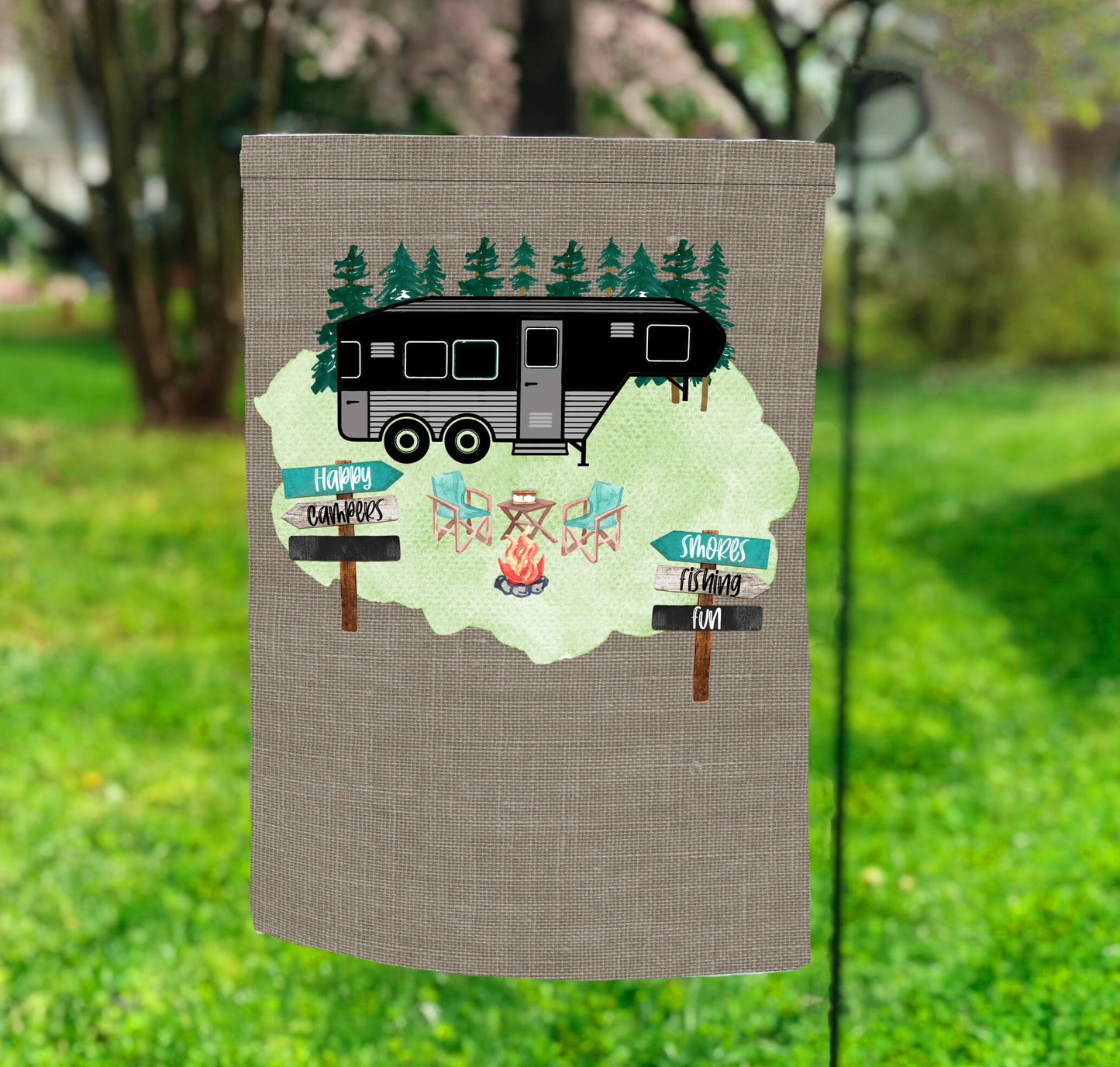 Garden Flag Happy Camper 5th Wheel design Personalize by Adding your own People Sublimation Design