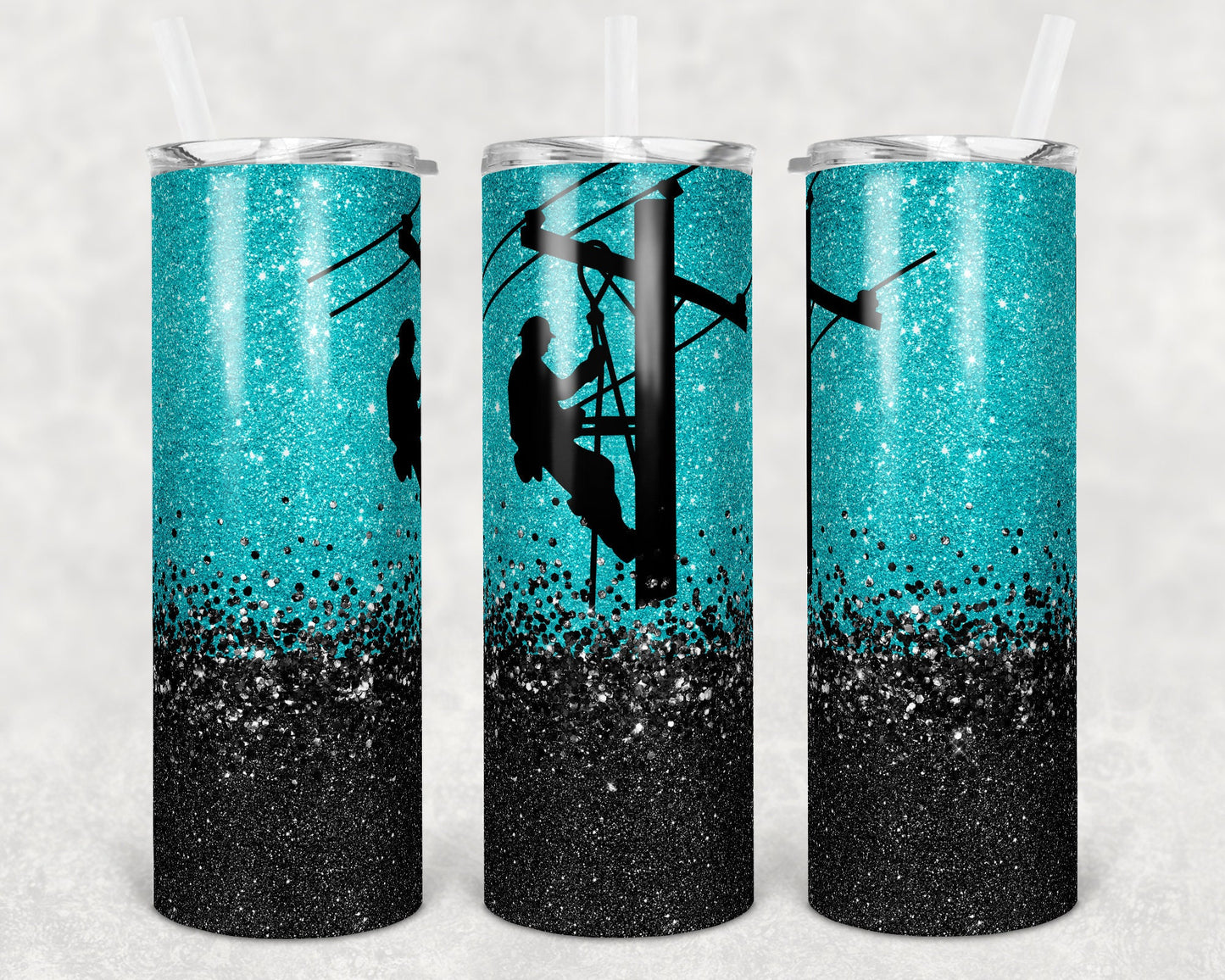 20 oz Skinny Tumbler Sublimation Design Template Teal Glitter Line Wife Lineman Design