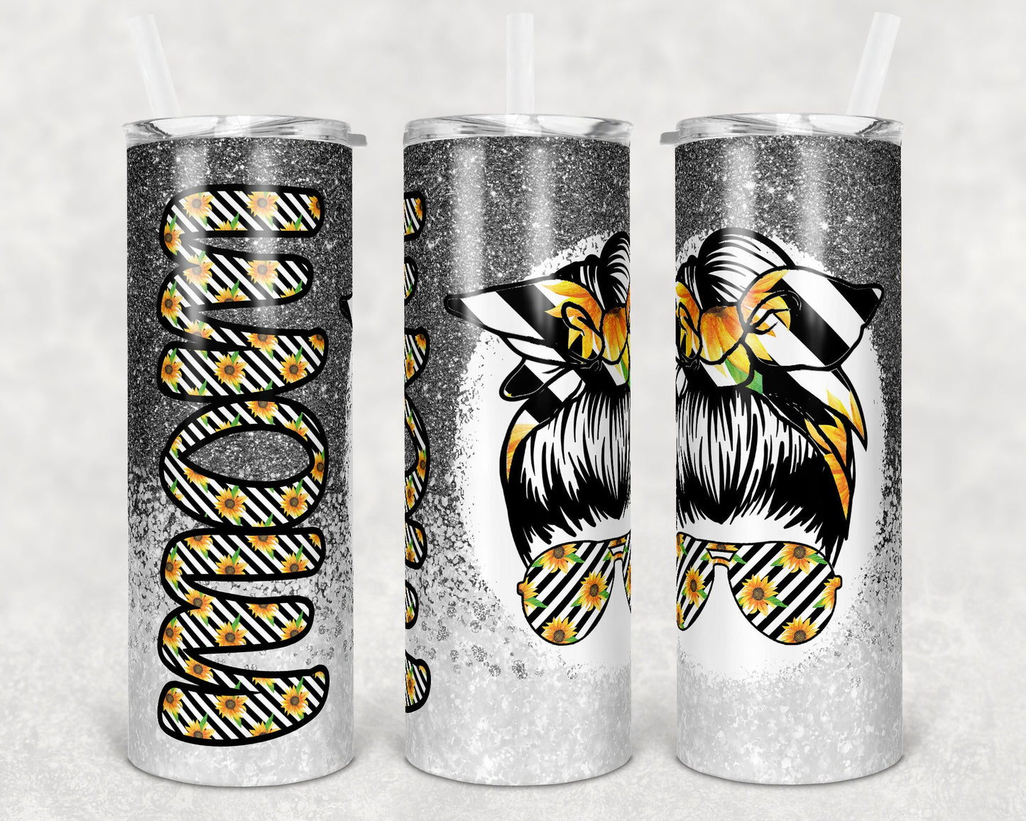 20 oz Skinny Tumbler Sunflowers gray glitter messy bun mom Sublimation Design Print Transfer