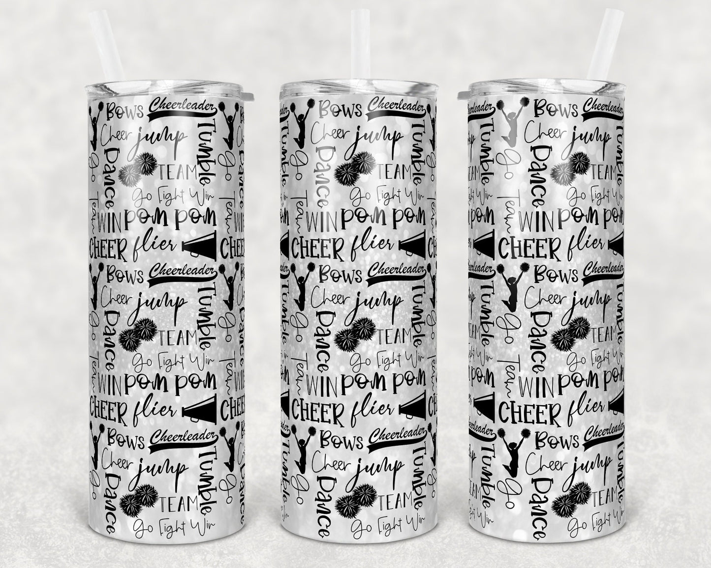 20 oz Skinny Tumbler Cheer White Glitter Cheer Words Cheerleading Sublimation Design