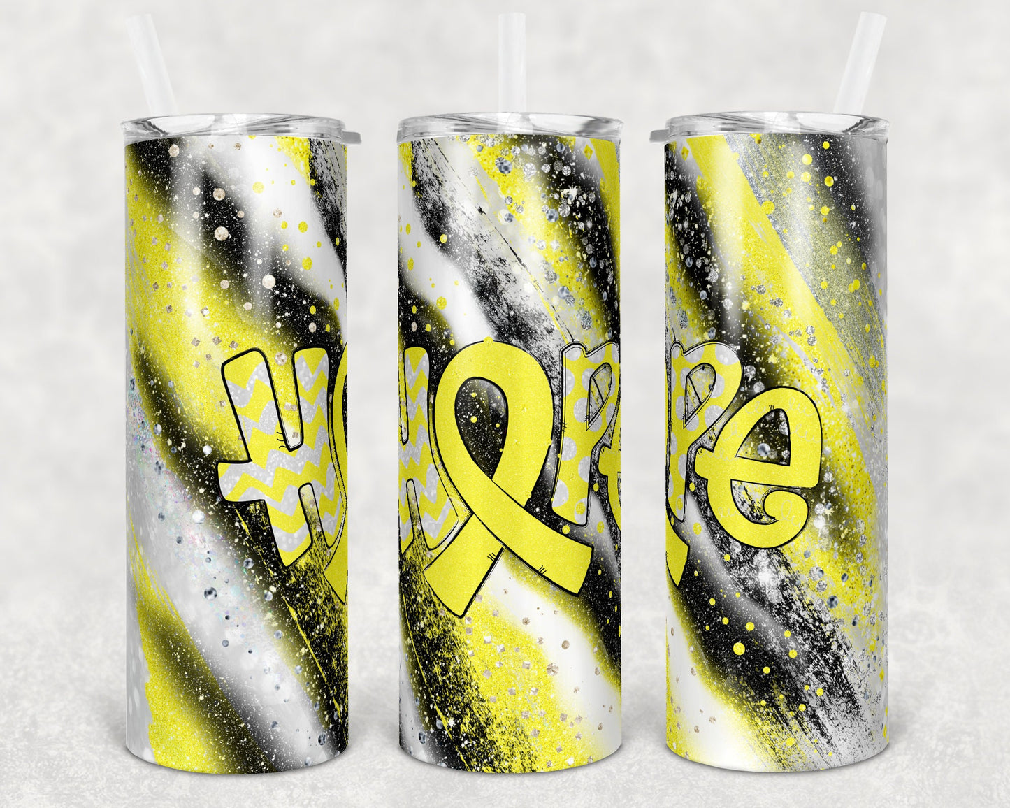 20 oz Skinny Tumbler Sublimation Glitter Yellow Cancer Hope Awareness Straight and Warped Design