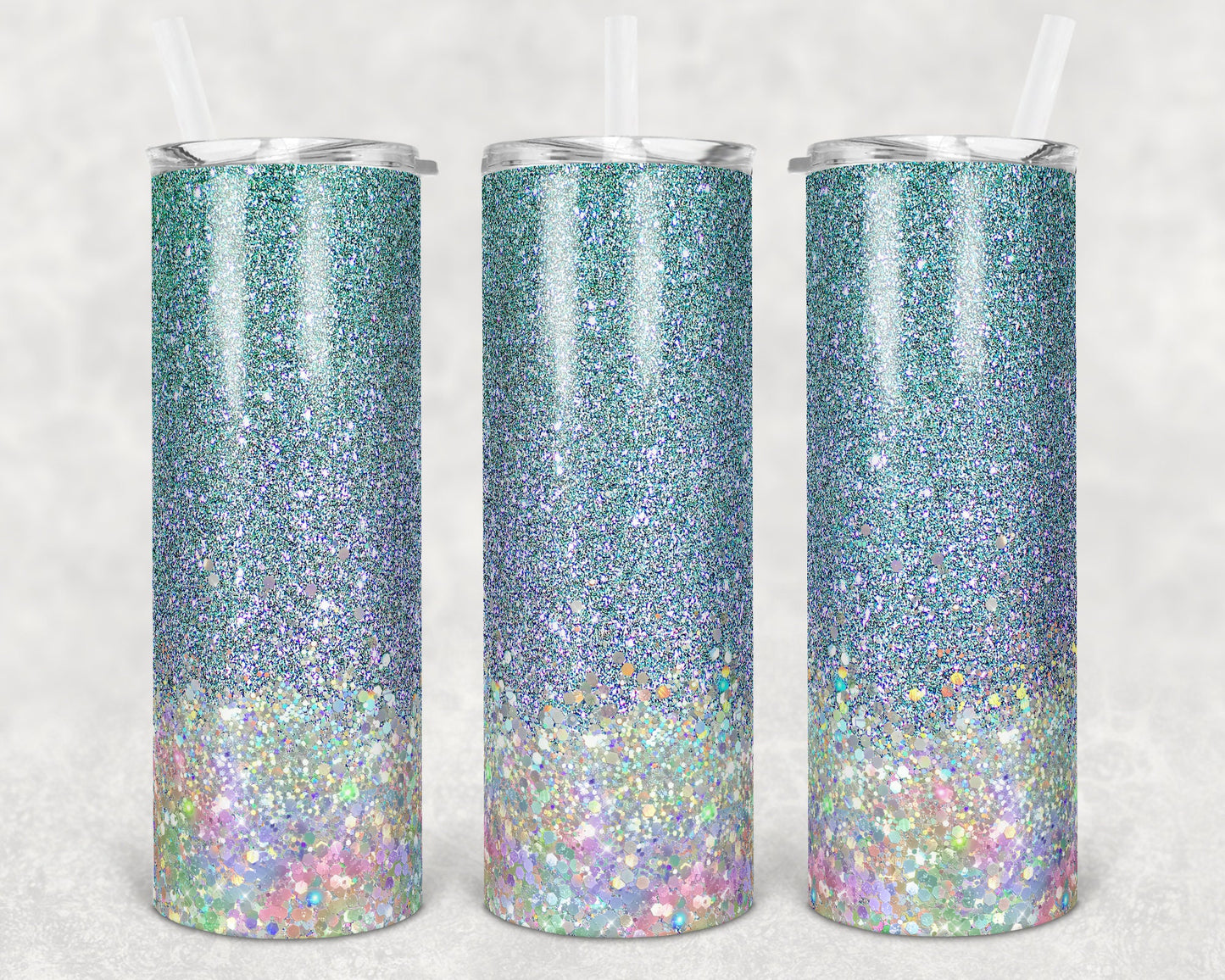 20 oz Skinny Tumbler Sublimation Design Template Glitter Blue Holographic White Straight and Warped Design
