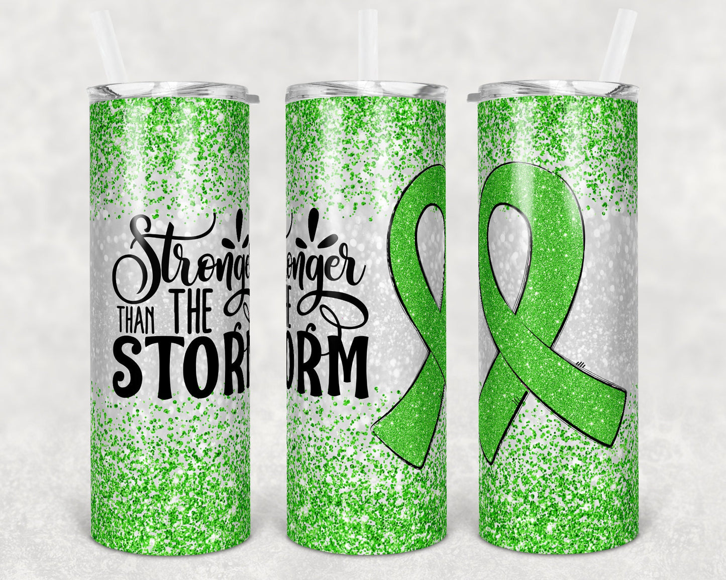 20 oz Skinny Tumbler Sublimation Glitter Green Cancer Awareness Straight and Warped Design