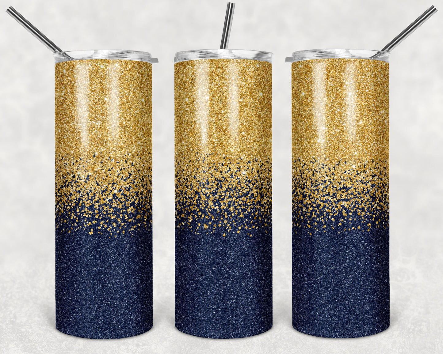 20 oz Skinny Tumbler Sublimation Design Template Glitter Ombre Navy Blue Gold Straight Warped Design
