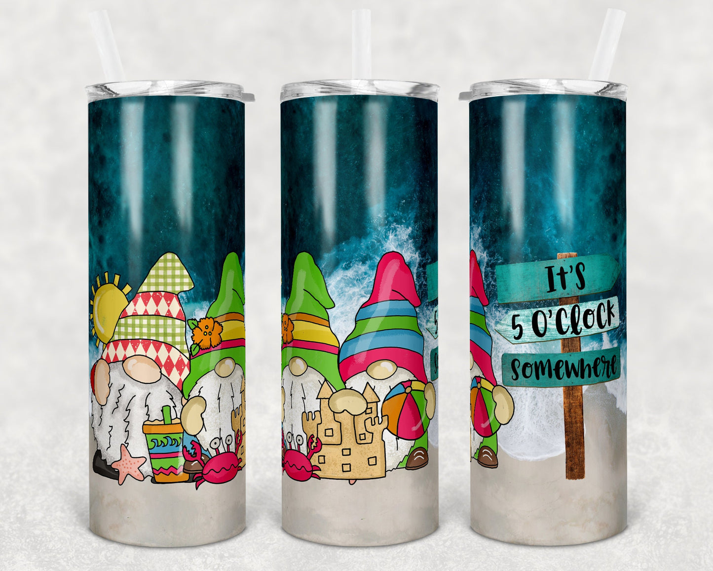 20 oz Skinny Tumbler Ocean Beach Gnome 5 Oclock Somewhere Background Sublimation Design