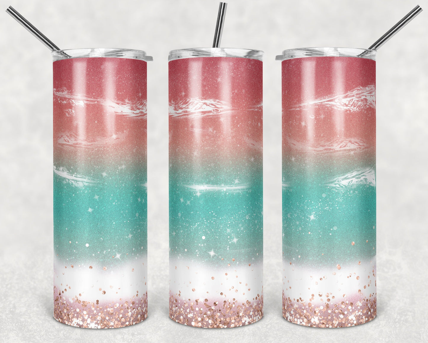 20 oz Skinny Tumbler Ocean Beach Crashing Waves Pastel Glitter Background Sublimation Design