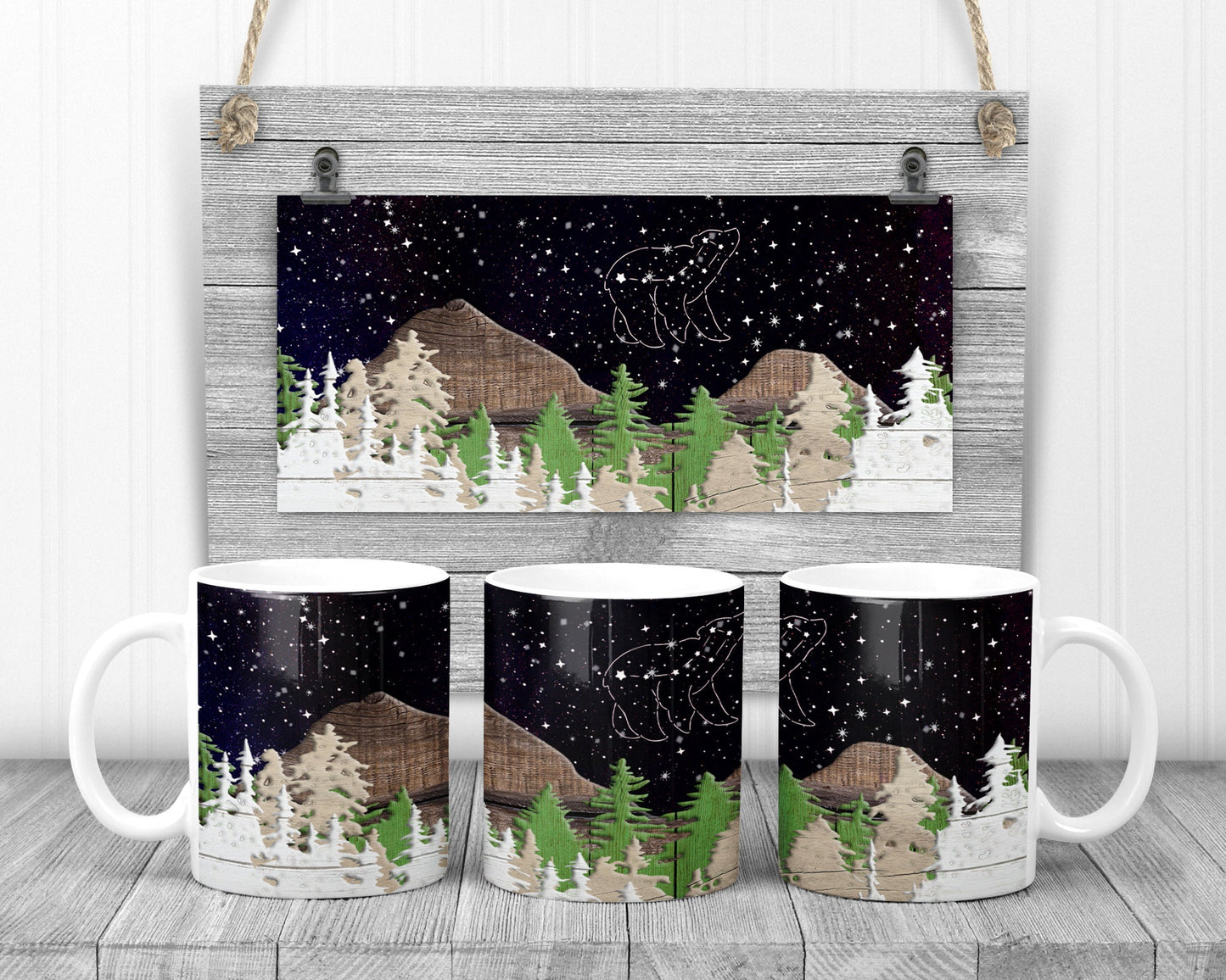 Sublimation Mug Design Stacked Faux Wood Constellation Bear Forest Mountains Design