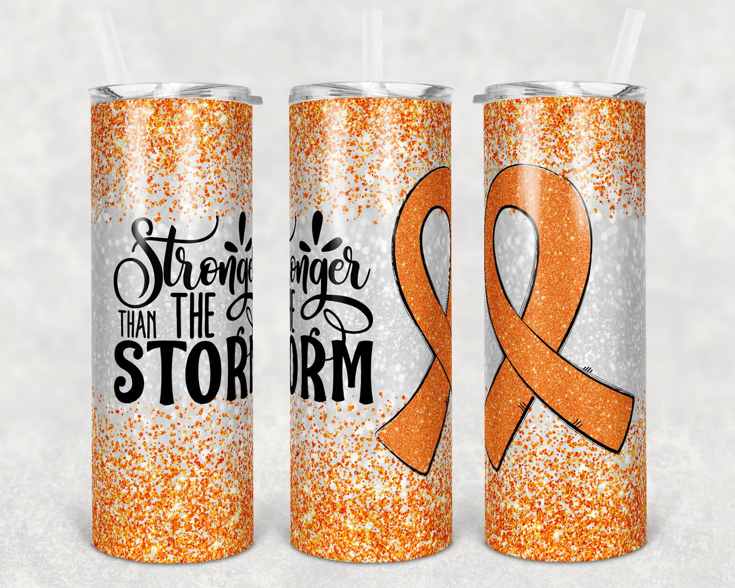 20 oz Skinny Tumbler Sublimation Glitter Orange Childhood Cancer Awareness Straight and Warped Design
