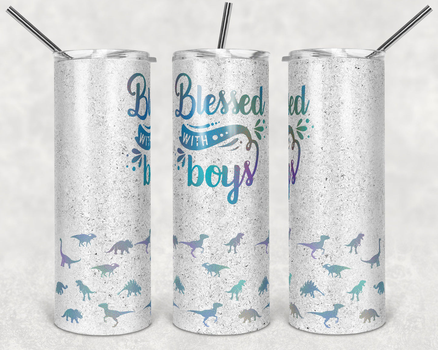 20 oz Skinny Tumbler Blessed with Boys Dinosaur Tracks Glitter Sublimation Design