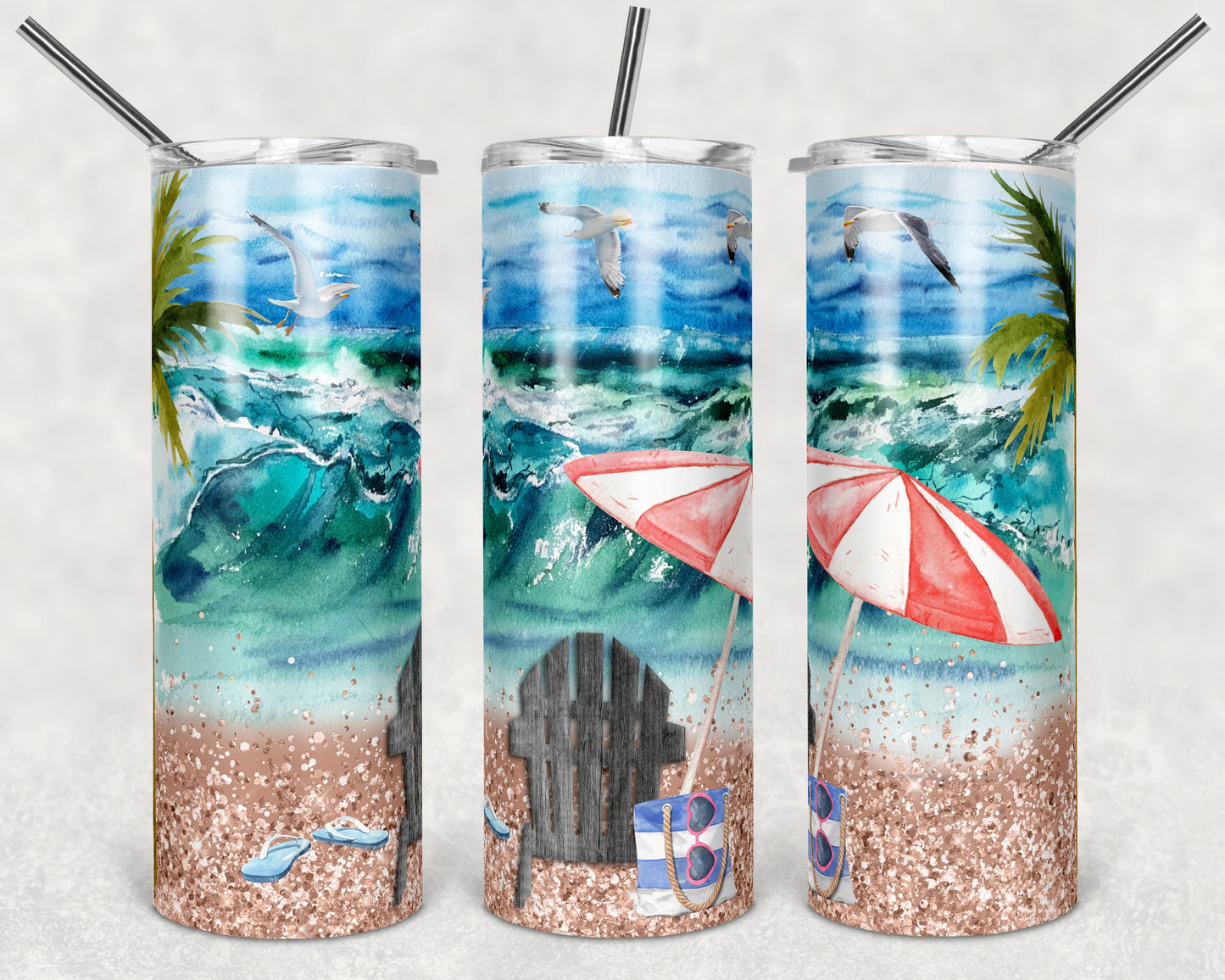 20 oz Skinny Tumbler Beach Chairs Beach Day Ocean tumbler Sublimation Design