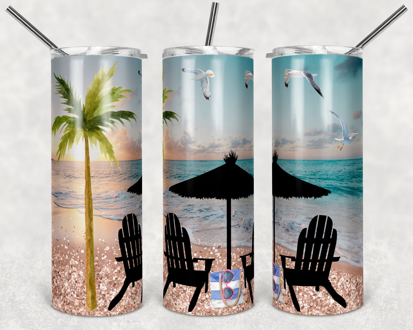 20 oz Skinny Tumbler Beach Chairs Beach Day Ocean tumbler Sublimation Design