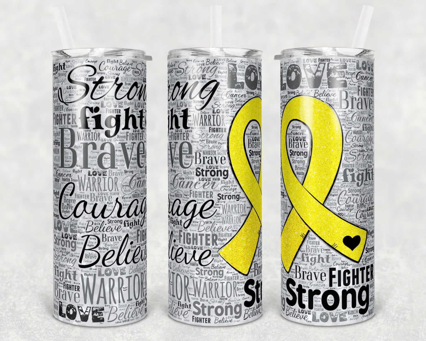 20 oz Skinny Tumbler Sublimation Glitter Awareness Ribbon Word Art Cancer Yellow Straight Warped Design
