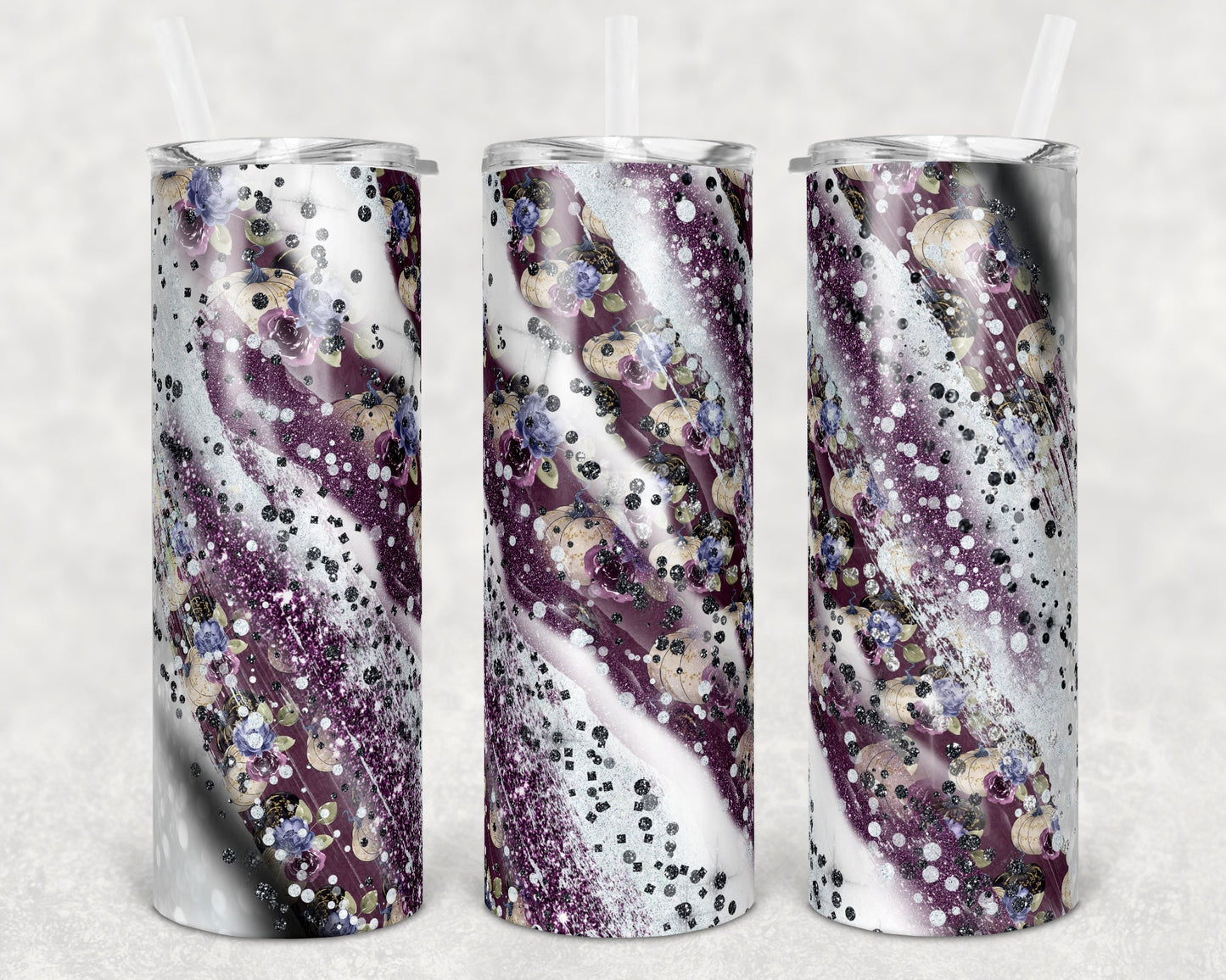 20 oz Skinny Tumbler Sublimation Design Template Glitter Milky way Purple Pumpkin Fall Colors Straight Warped Design