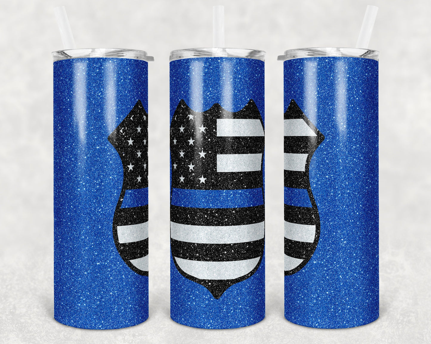 20 oz Skinny Tumbler Sublimation Design Template Glitter Blue Police Badge Flag Badge Straight and Warped Design