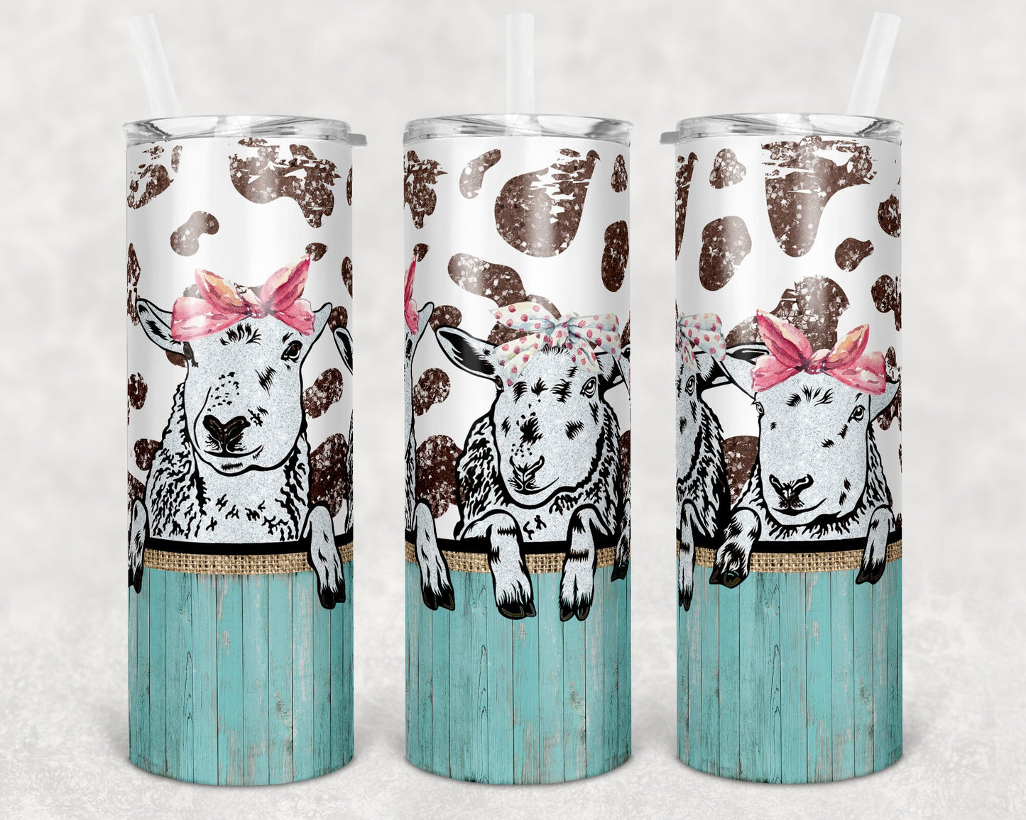 20 oz Skinny Tumbler Sublimation Cow Print Farm Animals Sheep Burlap Glitter Design