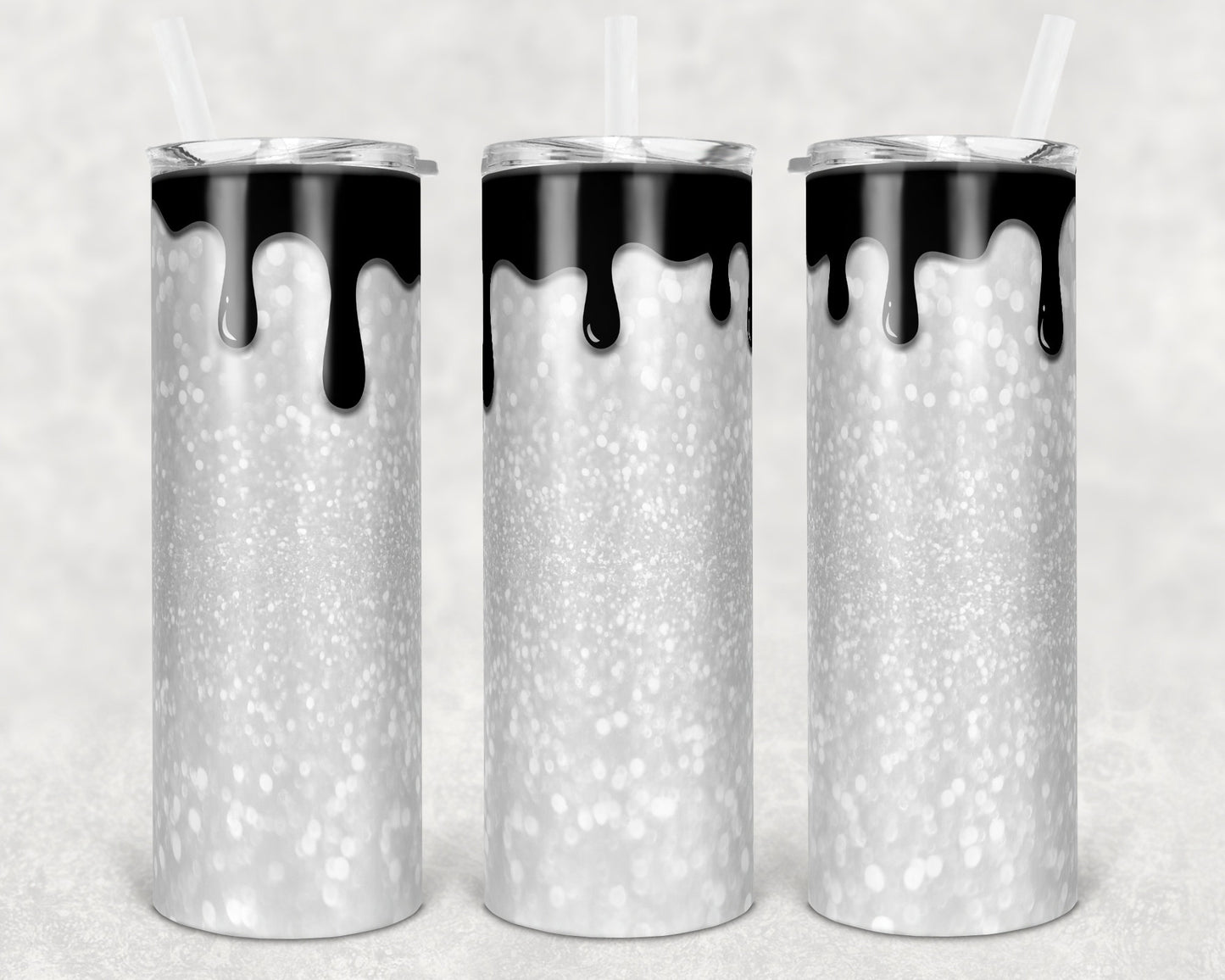 20 oz Skinny Tumbler Sublimation Design Glitter Black Drip Background Straight and Warped Design