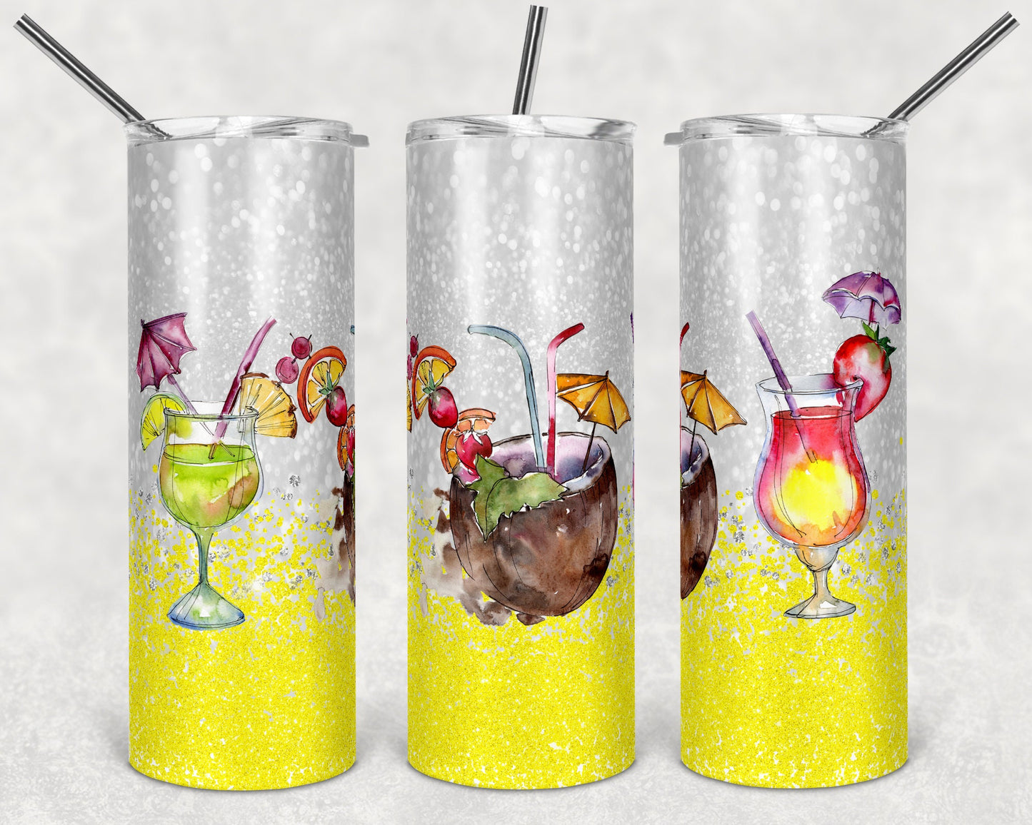20 oz Skinny Tumbler Sublimation Design Template Glitter Summer Vibes no words Coctails Straight Warped Design