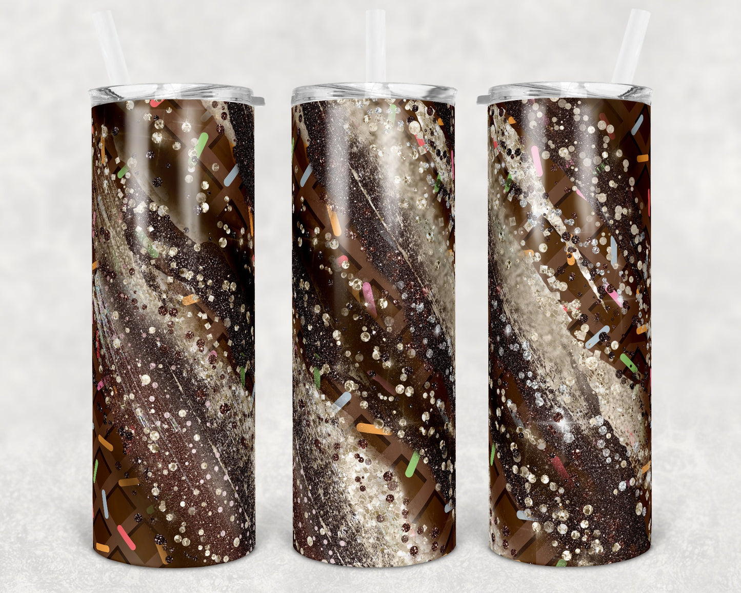 20 oz Skinny Tumbler Sublimation Design Template Glitter Milky way Chocolate Brown Waffle Cone Straight Warped Design