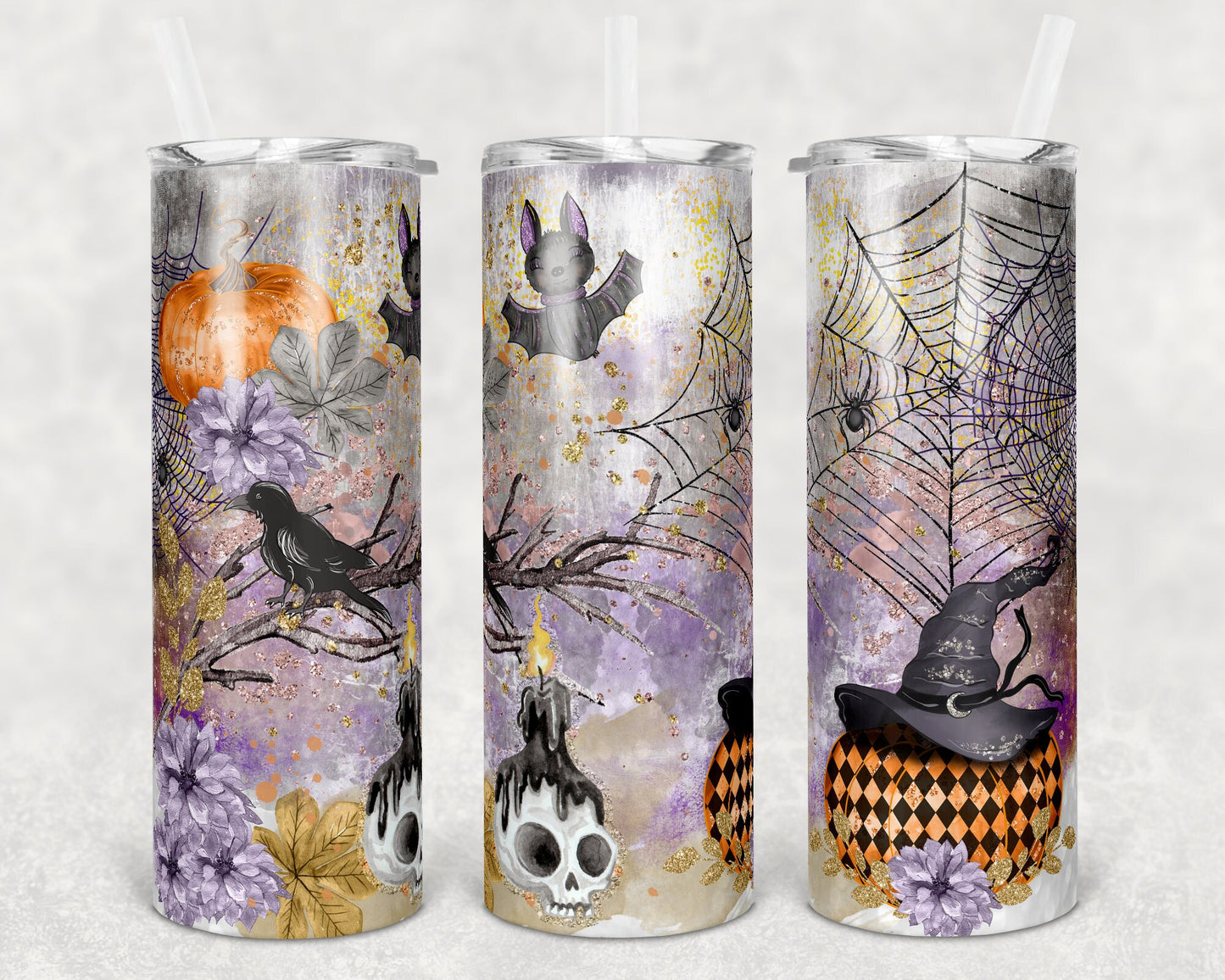 20 oz Skinny Tumbler Sublimation Design Floral Skull Bat Pumpkin Halloween Design