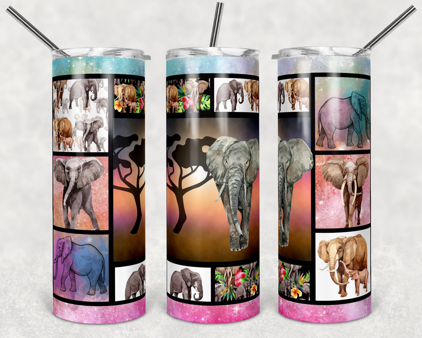 20 oz Skinny Tumbler Sublimation African Elephant Sunset Watercolor Tiled Design Straight and Warped Design