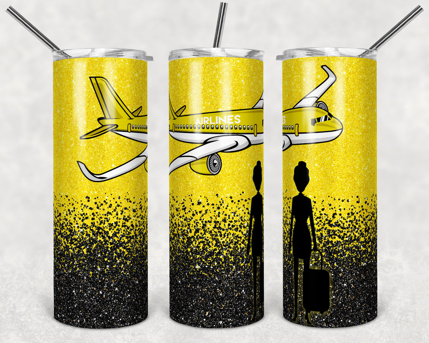 20 oz Skinny Tumbler Sublimation Glitter Ombre Yellow Black Flight Attendant Straight and Warped Design
