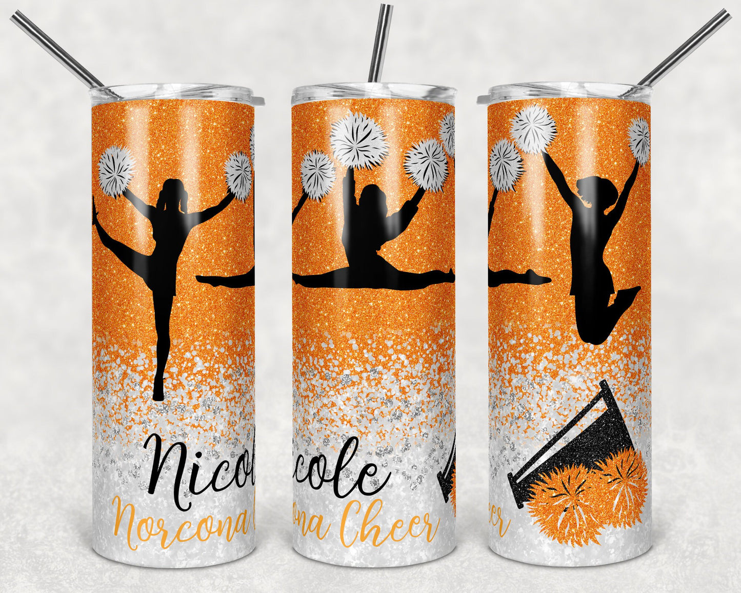 20 oz Skinny Tumbler Cheer Orange White Glitter Sublimation Design Print Transfer