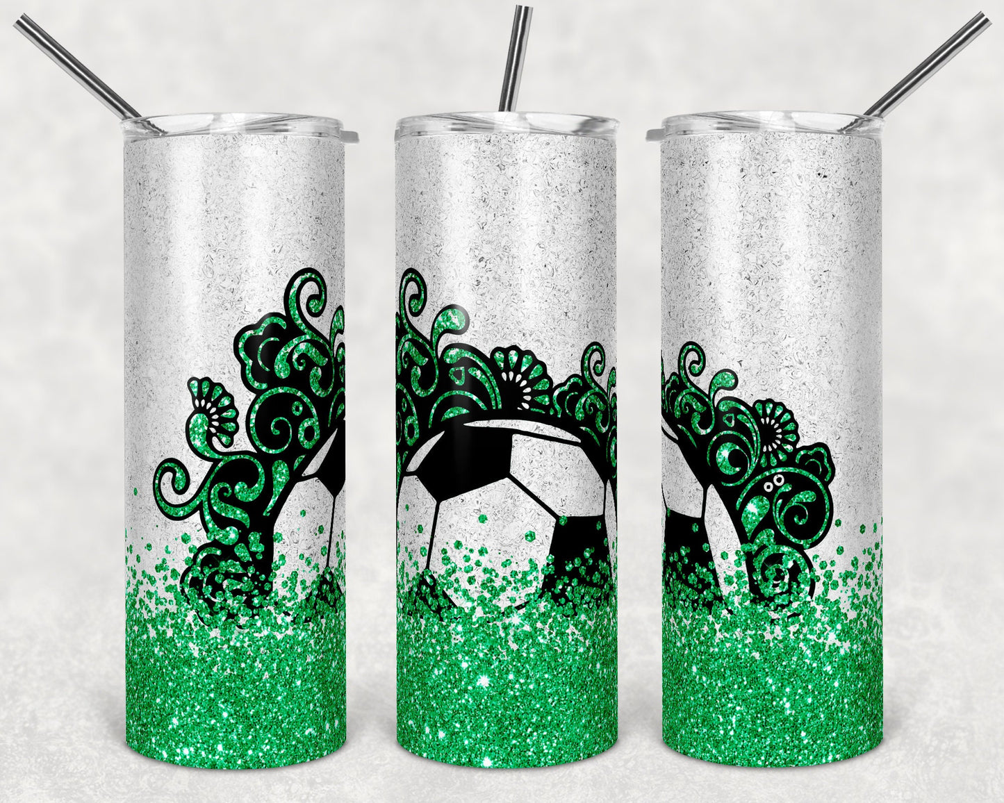 20 oz Skinny Tumbler Soccer Ball Green Glitter Sublimation Design Template Design