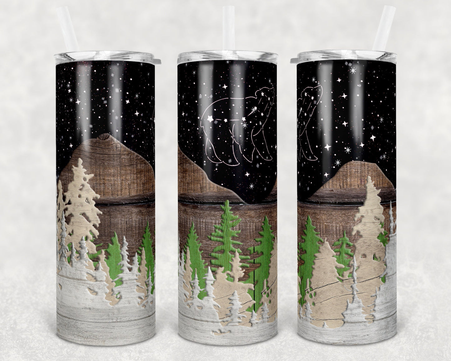 20 oz Skinny Tumbler Sublimation Design Template Faux Wood Bear Constellation Glitter Mothers Day