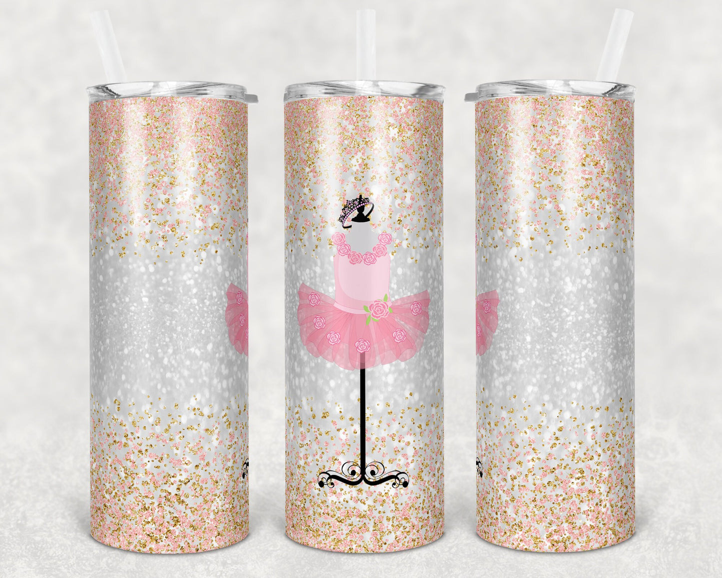 20 oz Skinny Tumbler Pink Gold Glitter Tutu Dance Dancing Dance Sublimation Design