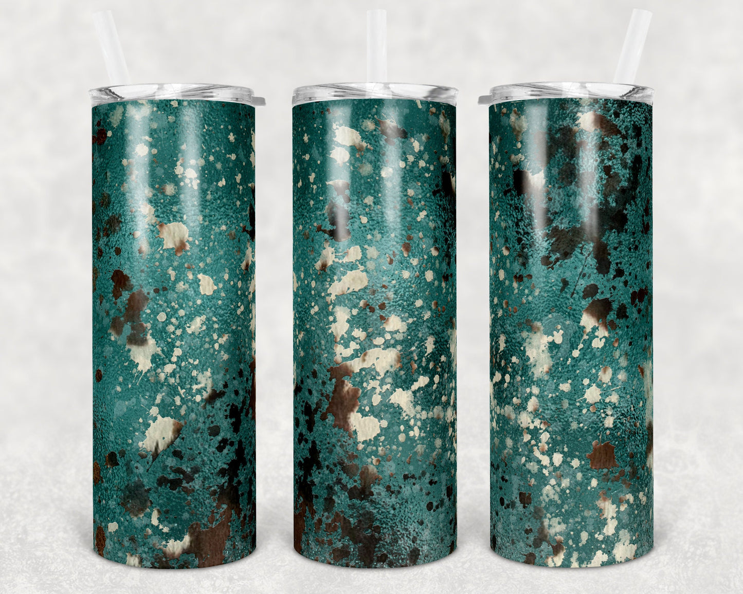 20 oz Skinny Tumbler Sublimation Teal Foil Cow Hide Print Splatter Design
