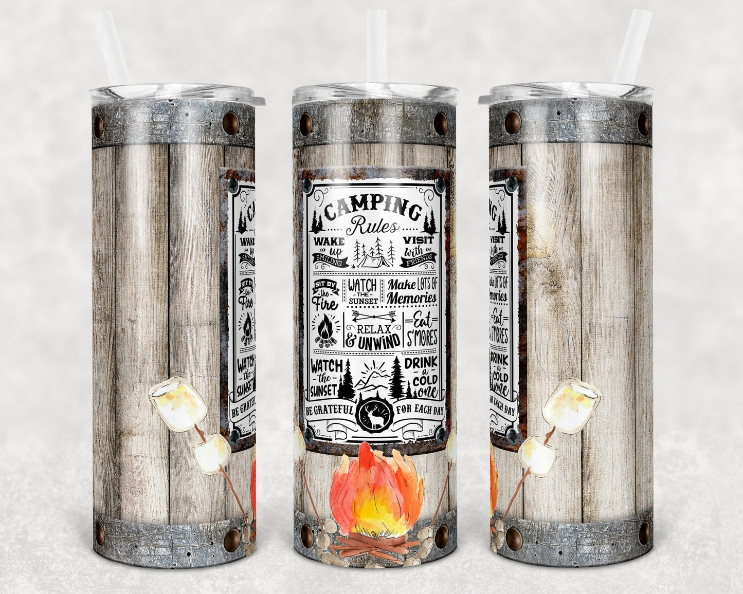 20 oz Skinny Tumbler Wood Vintage Sign Camping Rules Camp Sublimation