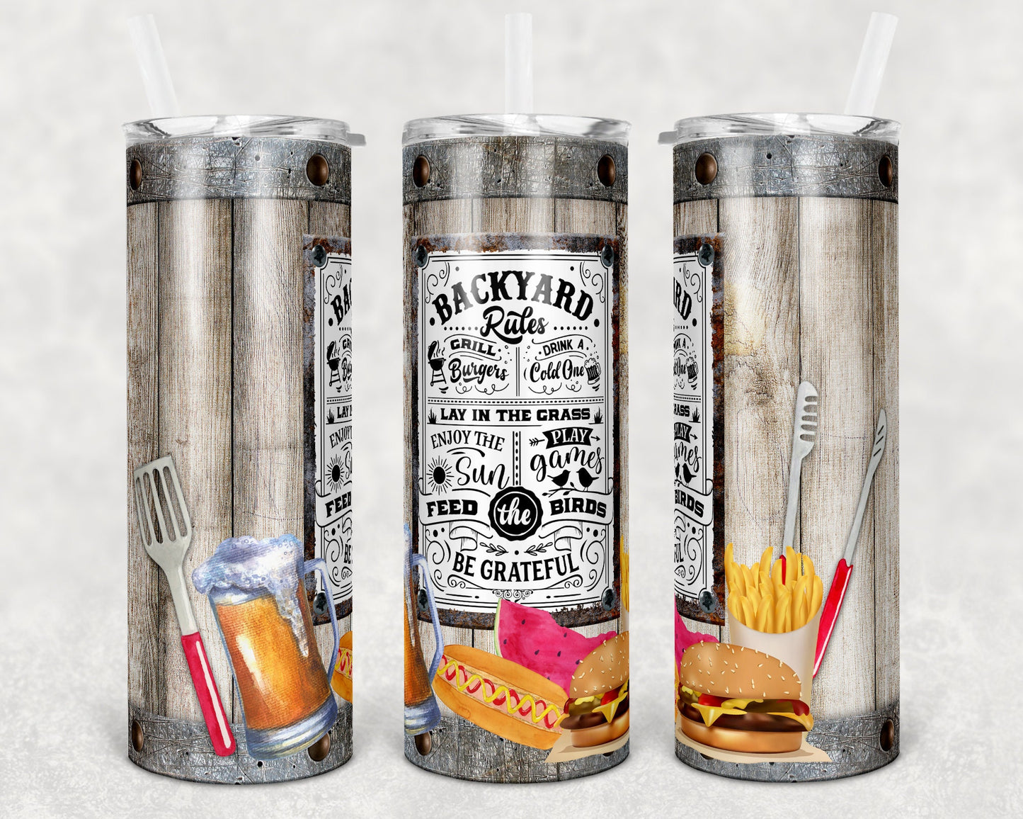20 oz Skinny Tumbler Wood Vintage Sign Backyard Rules bbq Sublimation
