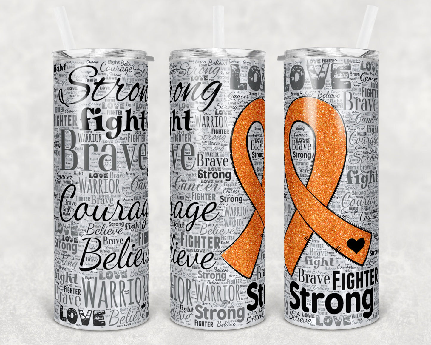 20 oz Skinny Tumbler Sublimation Glitter Awareness Ribbon Word Art Cancer Orange Straight Warped Design