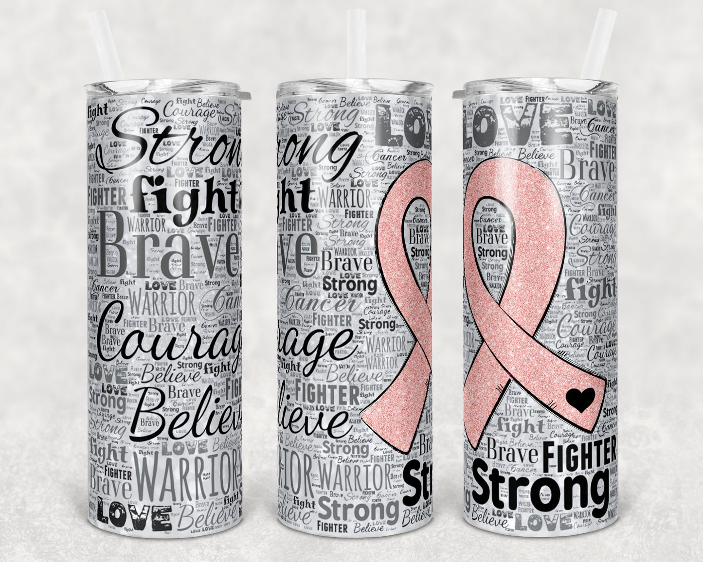 20 oz Skinny Tumbler Sublimation Glitter Awareness Ribbon Word Art Cancer Pink Straight Warped Design