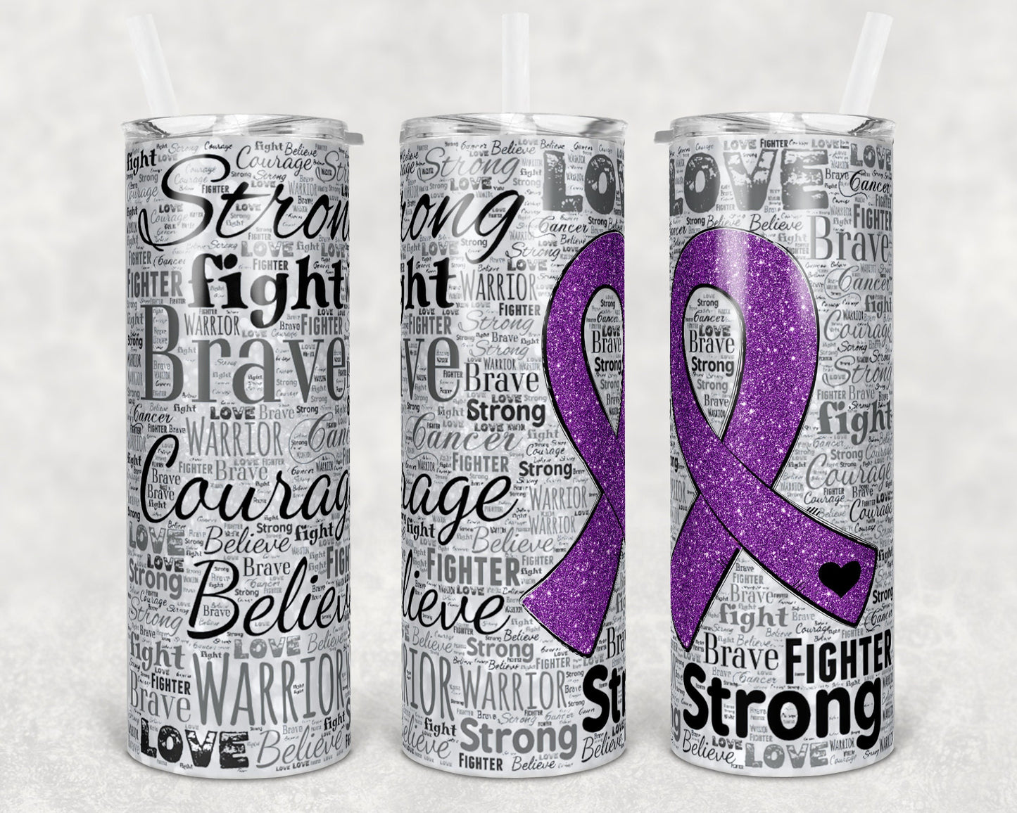 20 oz Skinny Tumbler Sublimation Glitter Awareness Ribbon Word Art Cancer Purple Straight Warped Design