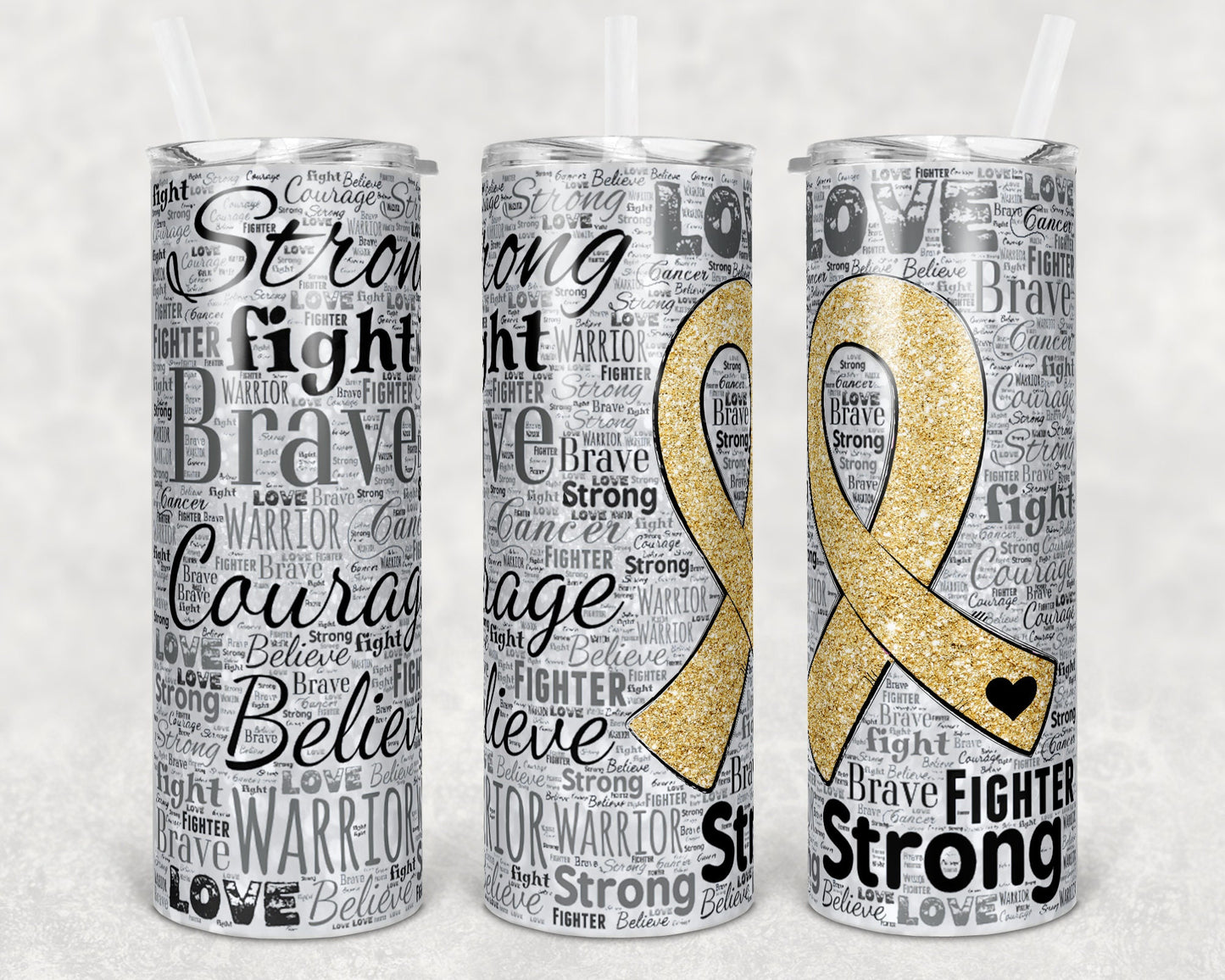 20 oz Skinny Tumbler Sublimation Glitter Awareness Ribbon Word Art Cancer Gold Straight Warped Design