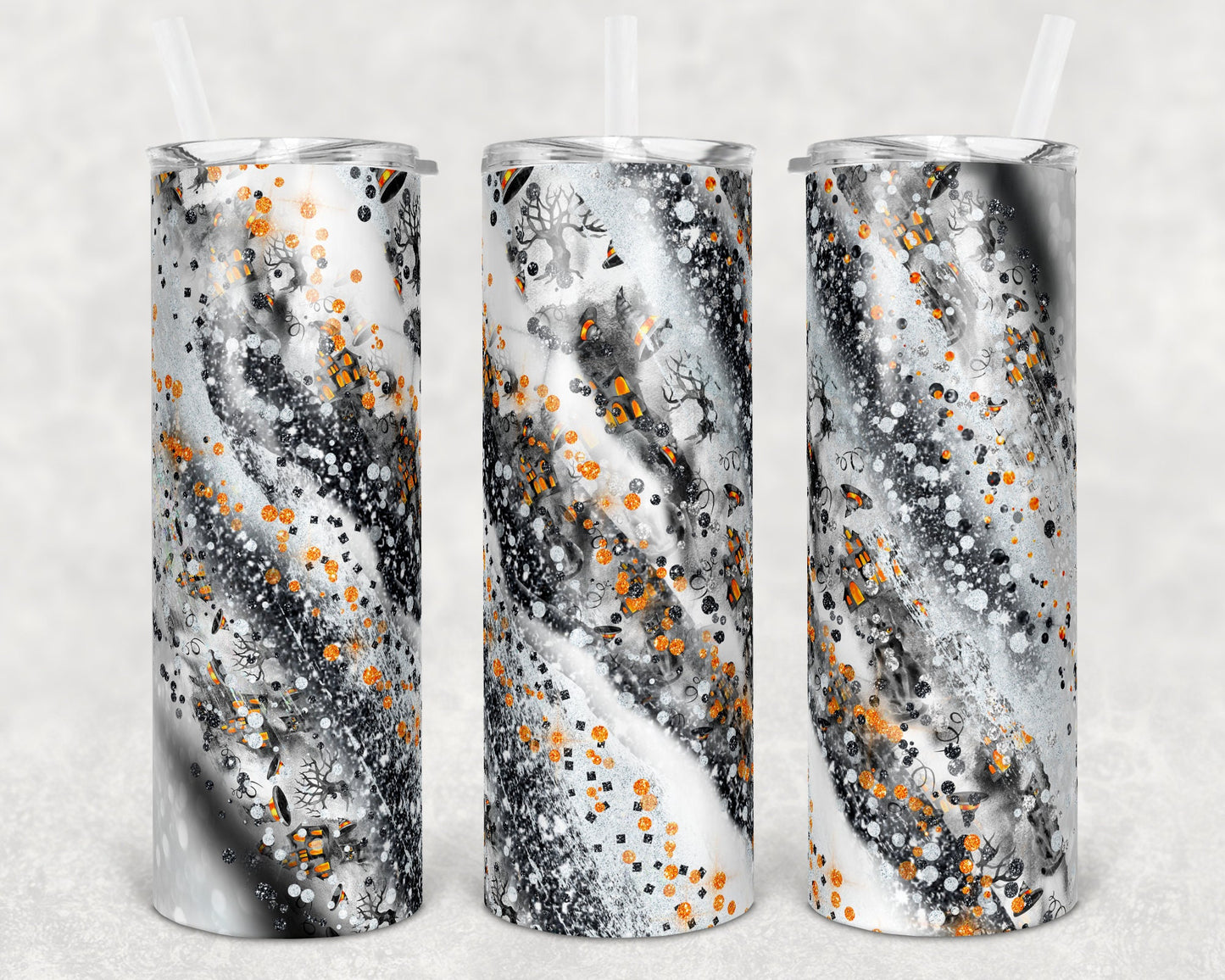 20 oz Skinny Tumbler Sublimation Design Template Glitter Milky way Halloween Haunted House Straight Warped Design