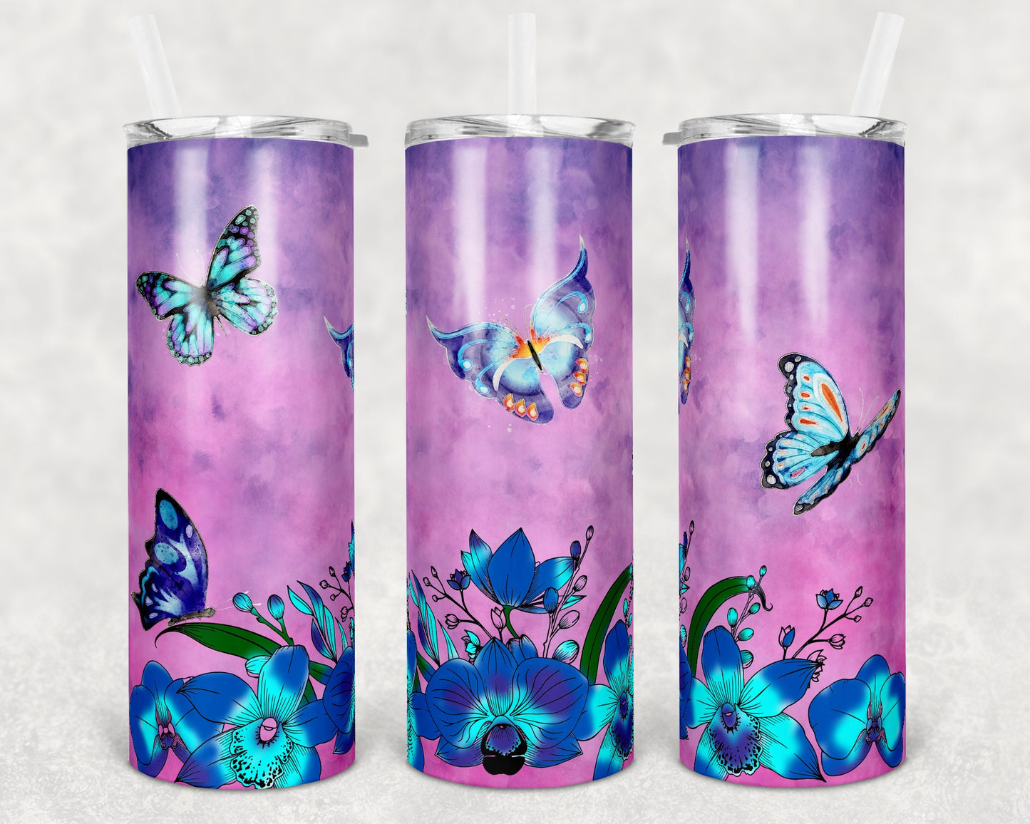 20 oz Skinny Tumbler Watercolor Orchid Background Butterflies Sublimation Design tumblers