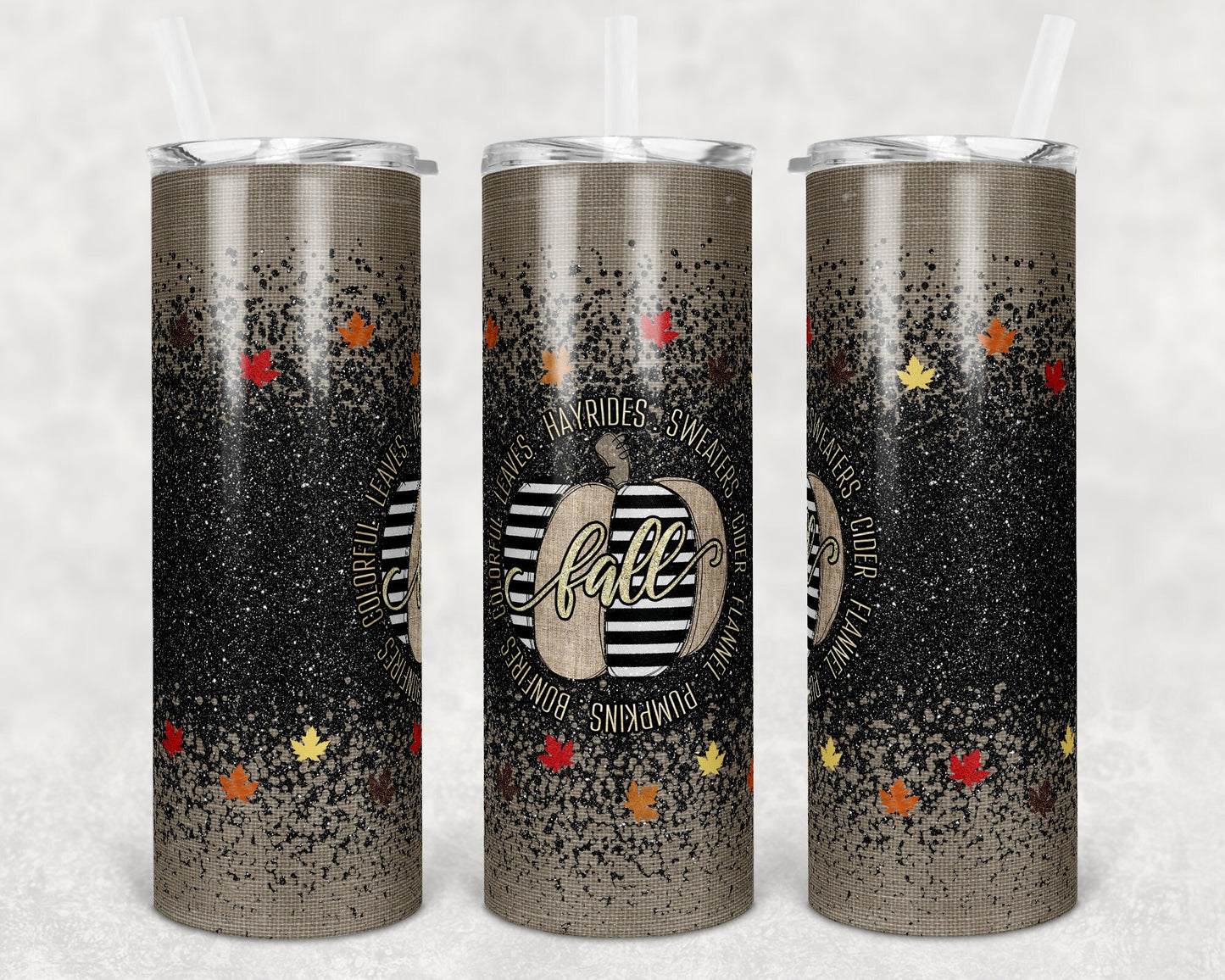 20 oz Skinny Tumbler Sublimation Design Template Glitter Ombre Burlap Fall Leaves Fall Bonfires Straight Warped Design