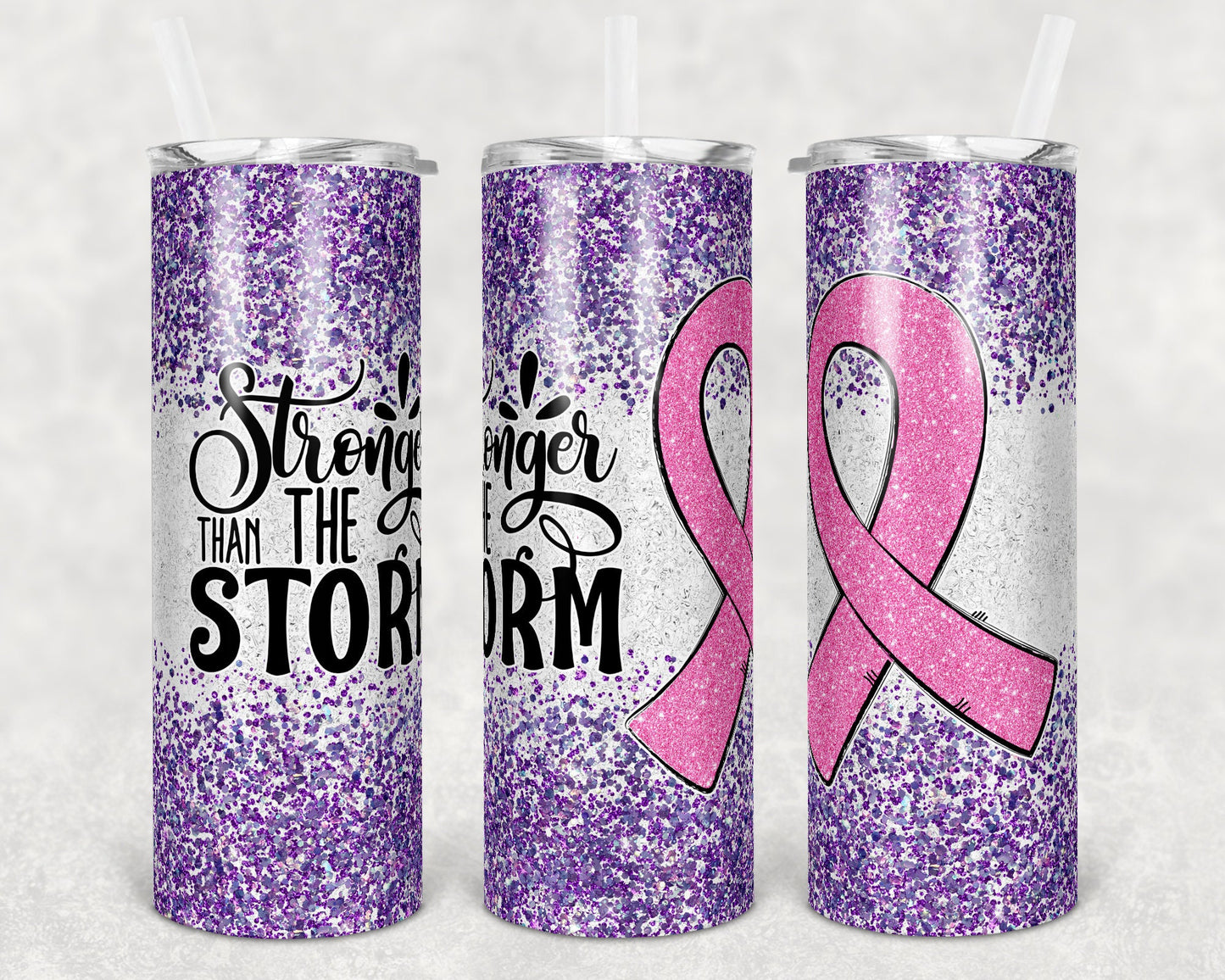 20 oz Skinny Tumbler Sublimation Glitter Pink Purple Cancer Awareness Straight and Warped Design