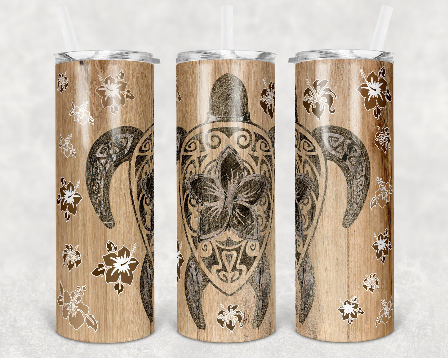 20 oz Skinny Tumbler Sublimation Design Template Hawaiian Turtle and Flowers Faux Wood Tiki Luau