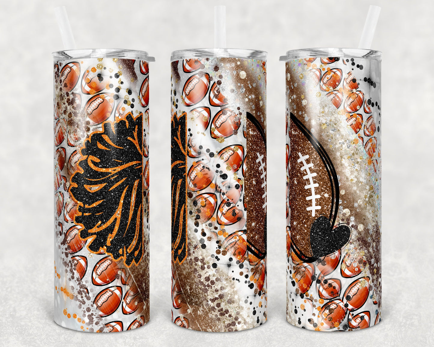 20 oz Skinny Tumbler Sublimation Template Milky Way Glitter Cheer Football for Name Straight Warped