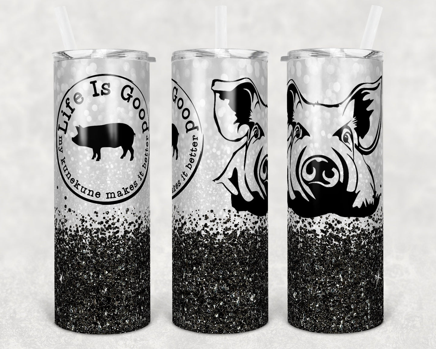 20 oz Skinny Tumbler Sublimation Glitter Pig Kune Black Life is Good Design