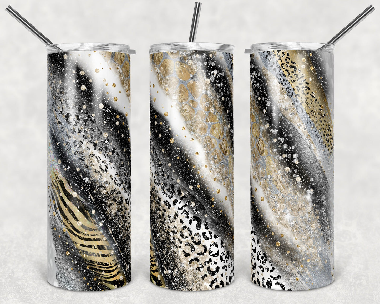 20 oz Skinny Tumbler Sublimation Template Agate Milky Way gray Safari Animal Print Straight and Warped Design