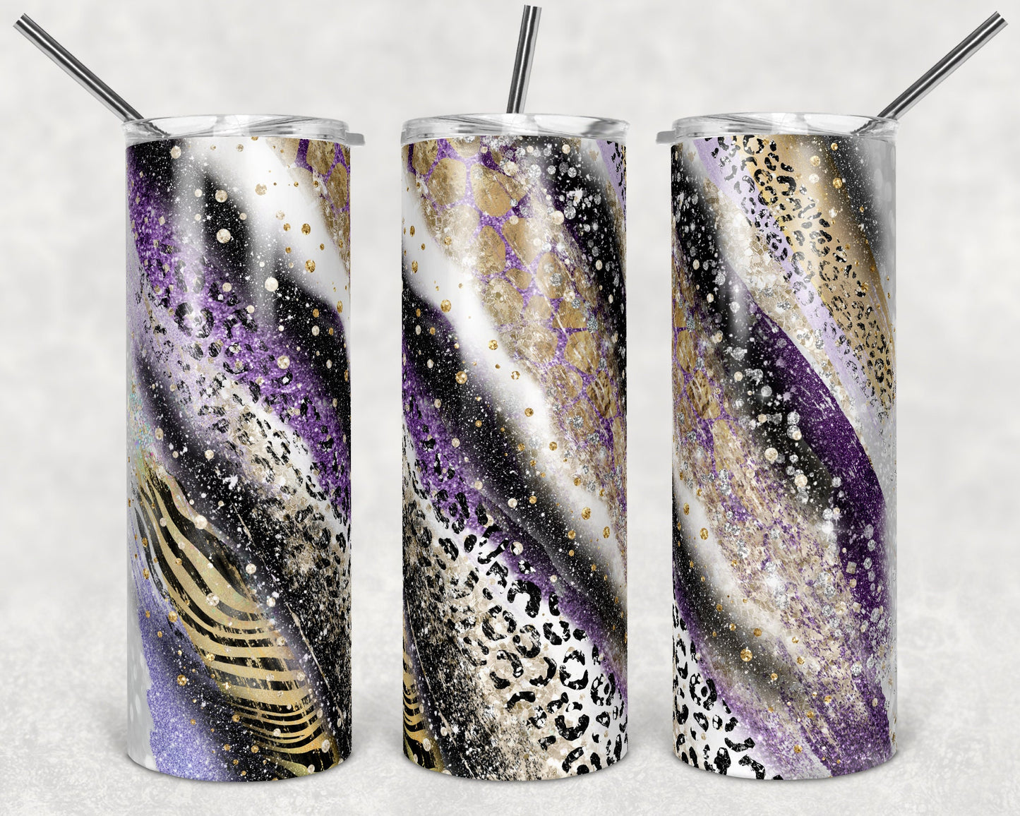 20 oz Skinny Tumbler Sublimation Template Agate Milky Way Purple Safari Animal Print Straight and Warped Design