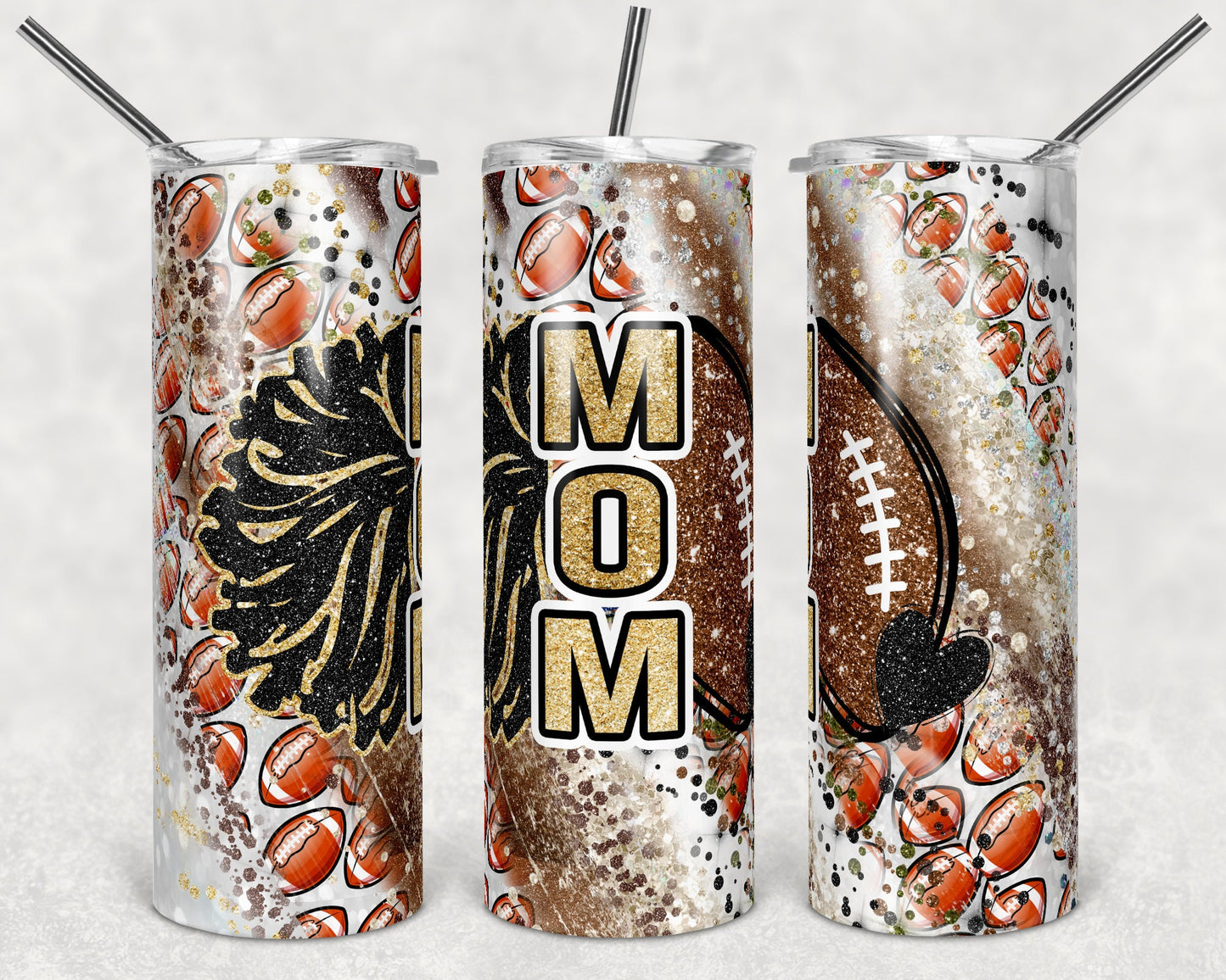 20 oz Skinny Tumbler Sublimation Template Milky Way Glitter Cheer Football Mom Straight Warped Design