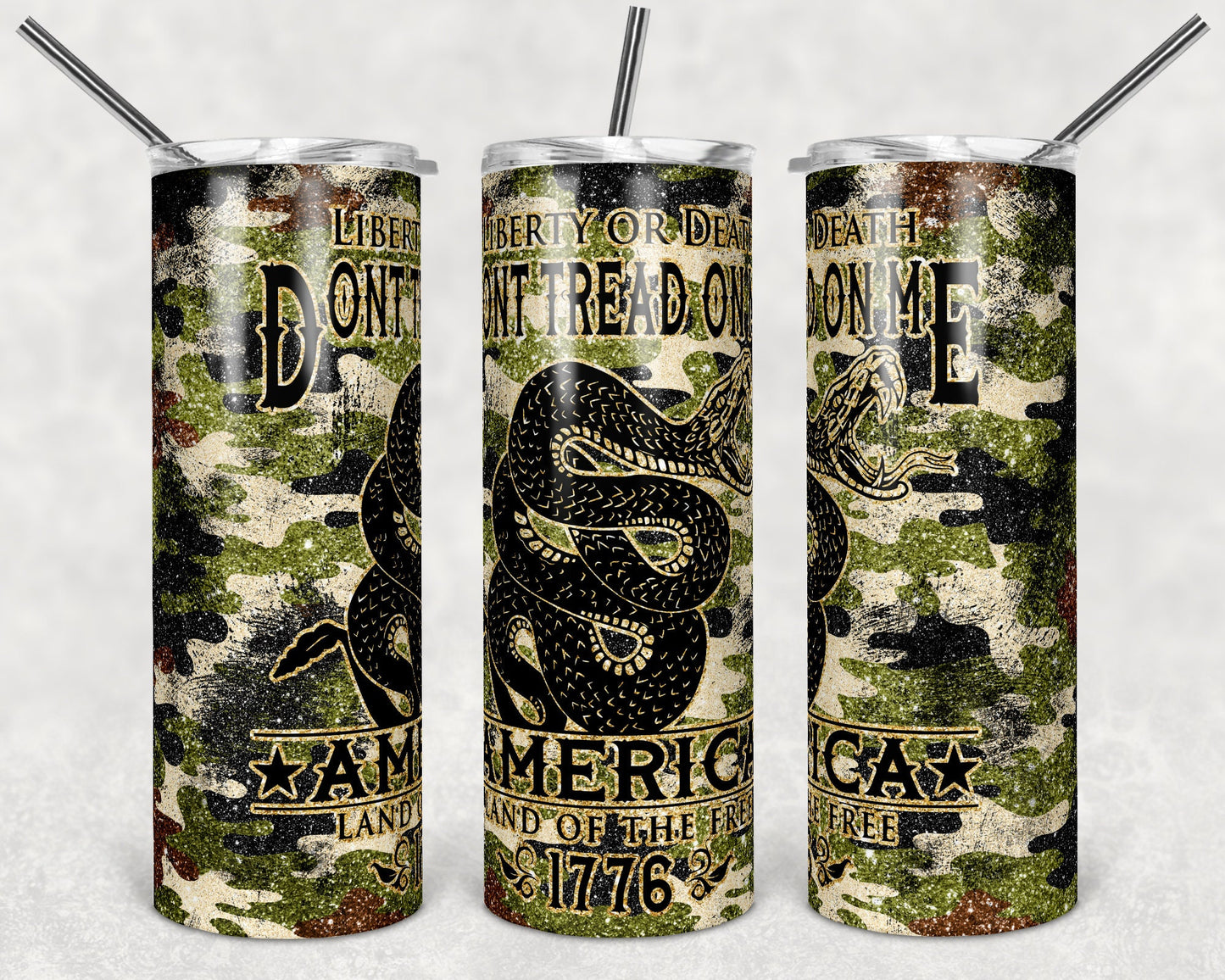 20 oz Skinny Tumbler Sublimation Design Template Don't Tread on Me Glitter Camo Design